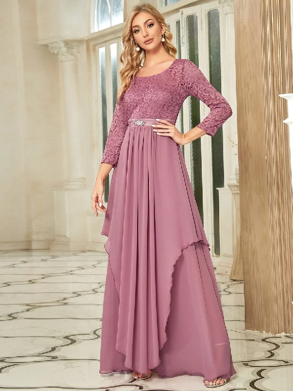 Round Neck Wholesale Chiffon Bridesmaid Dress With Long Lace Sleeves