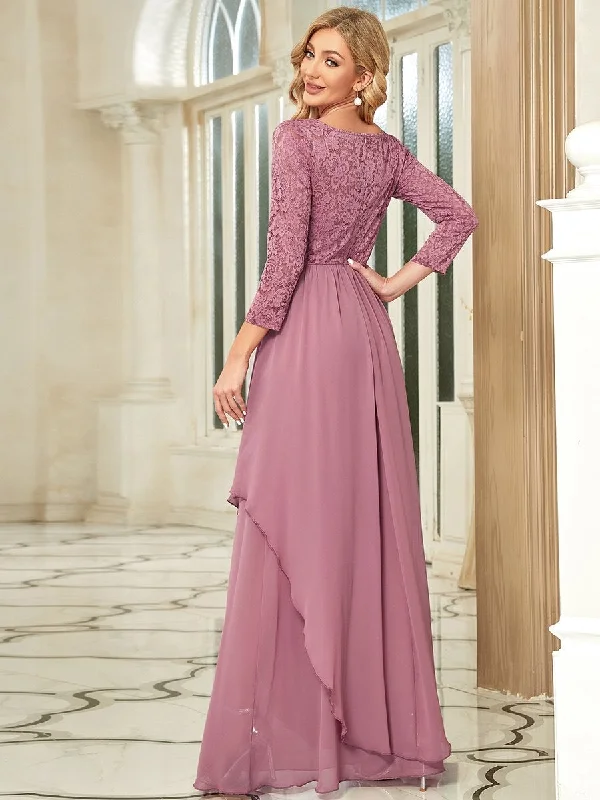 Round Neck Wholesale Chiffon Bridesmaid Dress With Long Lace Sleeves