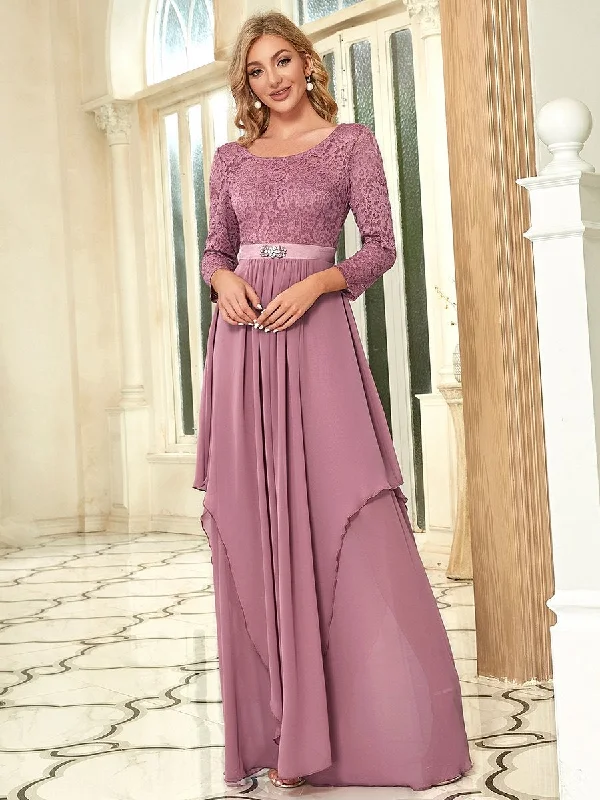 Round Neck Wholesale Chiffon Bridesmaid Dress With Long Lace Sleeves