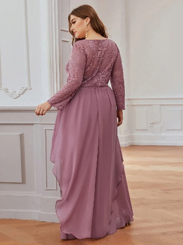 Round Neck Wholesale Chiffon Bridesmaid Dress With Long Lace Sleeves