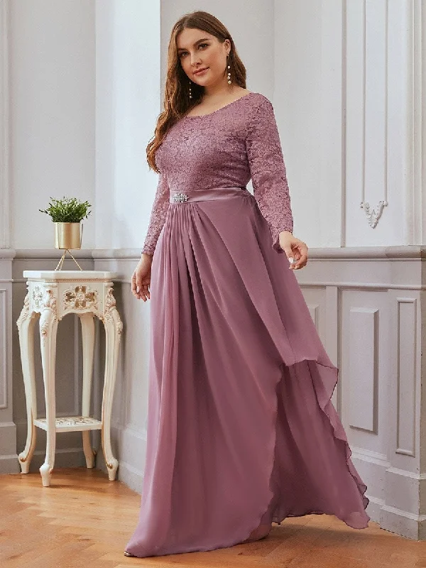 Round Neck Wholesale Chiffon Bridesmaid Dress With Long Lace Sleeves