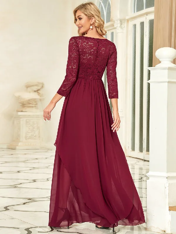 Round Neck Wholesale Chiffon Bridesmaid Dress With Long Lace Sleeves