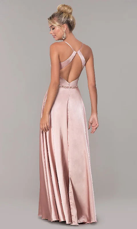 Long Satin Prom Dress with Pockets and Beaded Waist