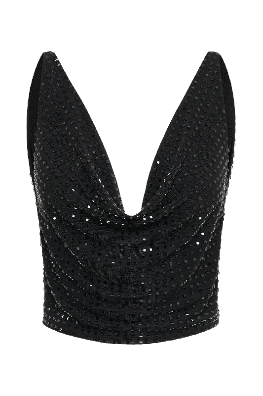 Ellery Square Diamante Cowl Top - Black