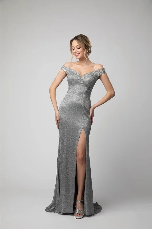 Fitted Metallic Off Shoulder Slit Gown by Juno 0938