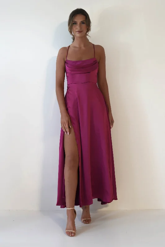 Ezella Soft Satin Skater Maxi Dress | Plum