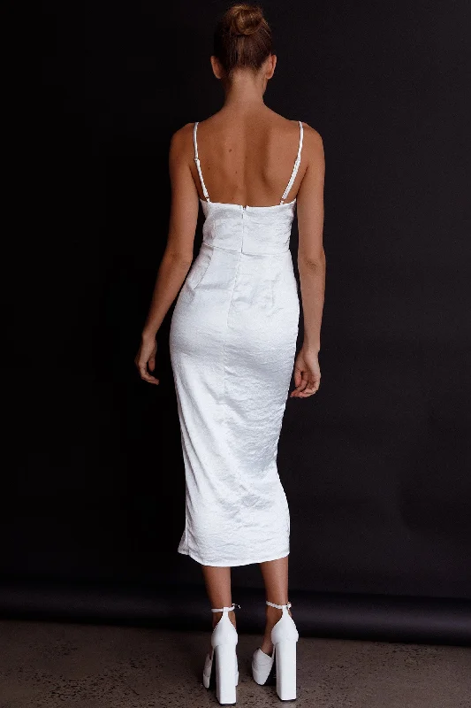 Fantasy Structured Bodice Ruched Midi Dress White