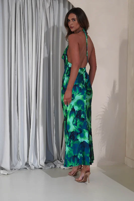 Fiji Soft Satin Maxi Dress | Green Print