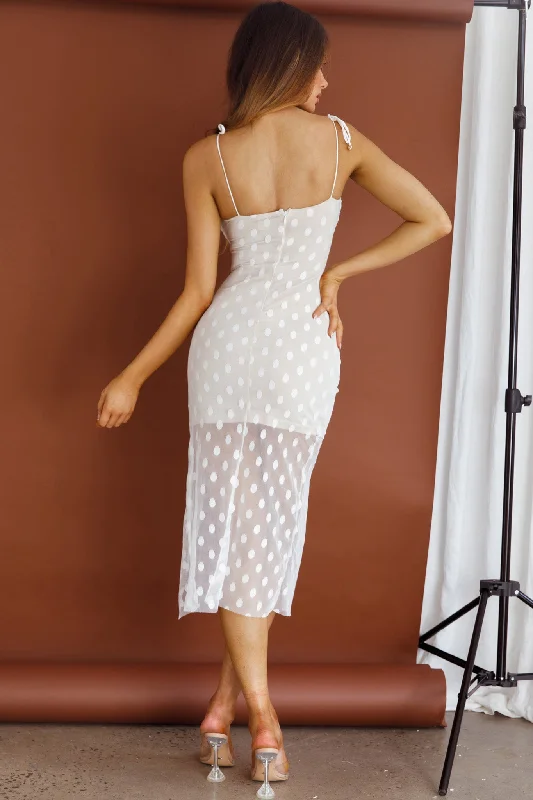 First Avenue Tied Strap Mesh Midi Dress Polka Dot White