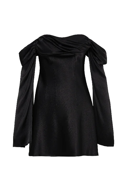 Giselle Off Shoulder Satin Mini Dress - Black