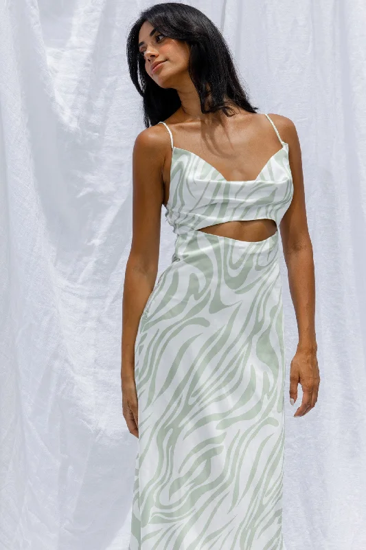 Jasper Cowl Neck Cut-Out Drawstring Back Midi Dress Zebra Print Lime