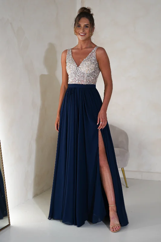 Kaytee Diamante Chiffon Maxi | Navy