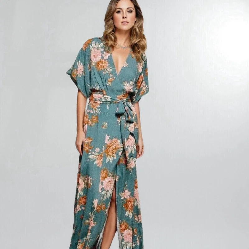 Kimono Sleeve Wrap Midi Dress