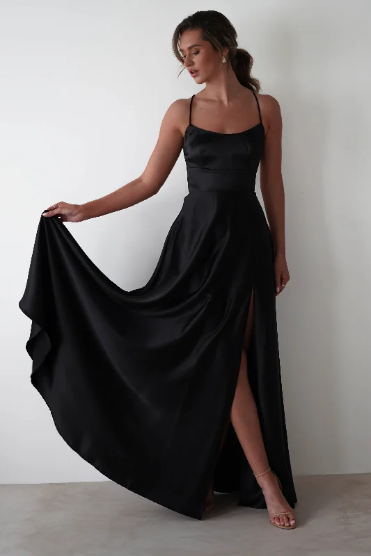 Leelie Silky Satin Maxi Gown | Black