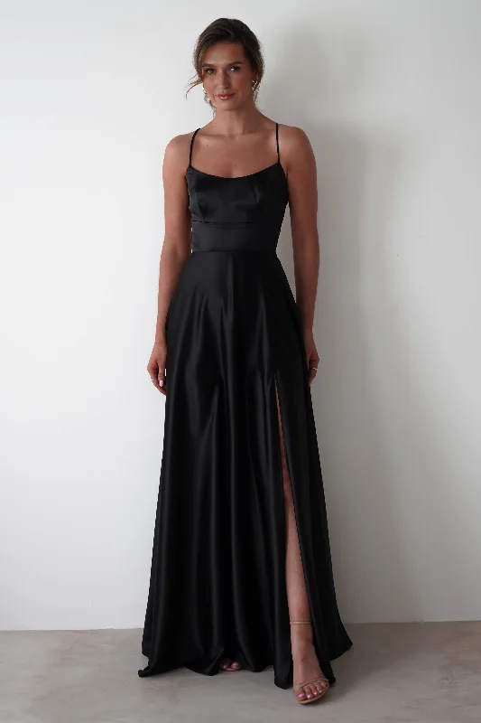 Leelie Silky Satin Maxi Gown | Black