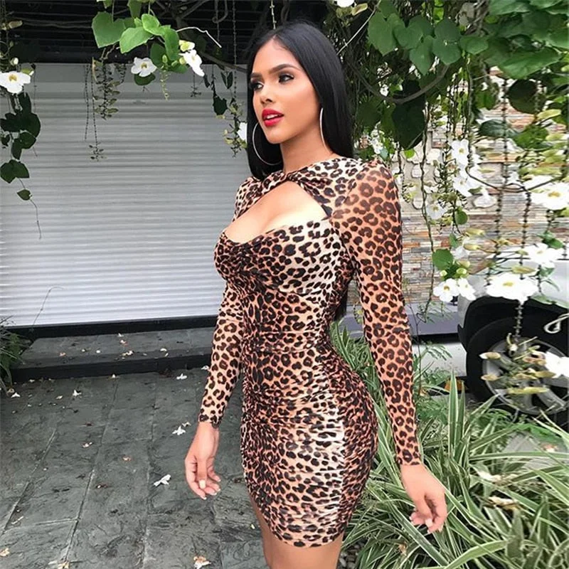 Leopard Print Hollow Bodycon Dress