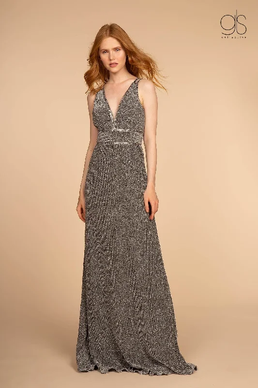 Long V-Neck Glitter Dress with Beaded Waistbands by Elizabeth K GL2503