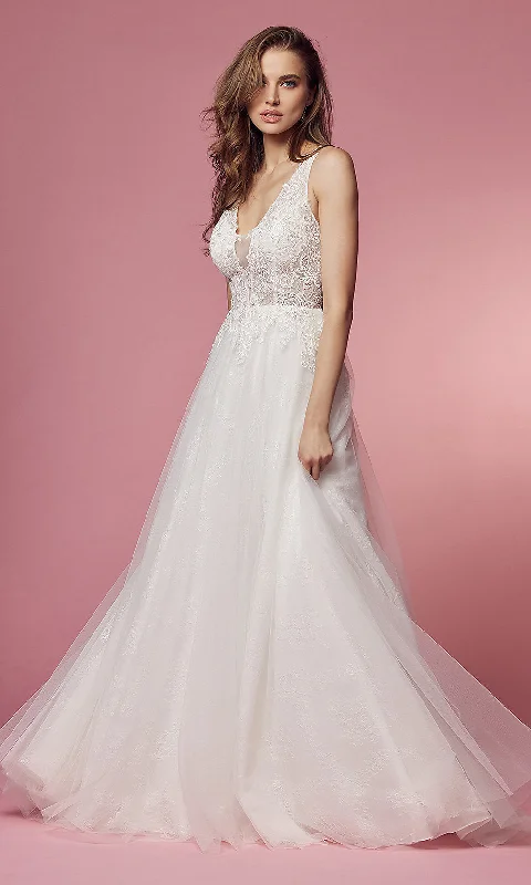 Sheer Lace-Bodice White Ball-Gown Wedding Dress