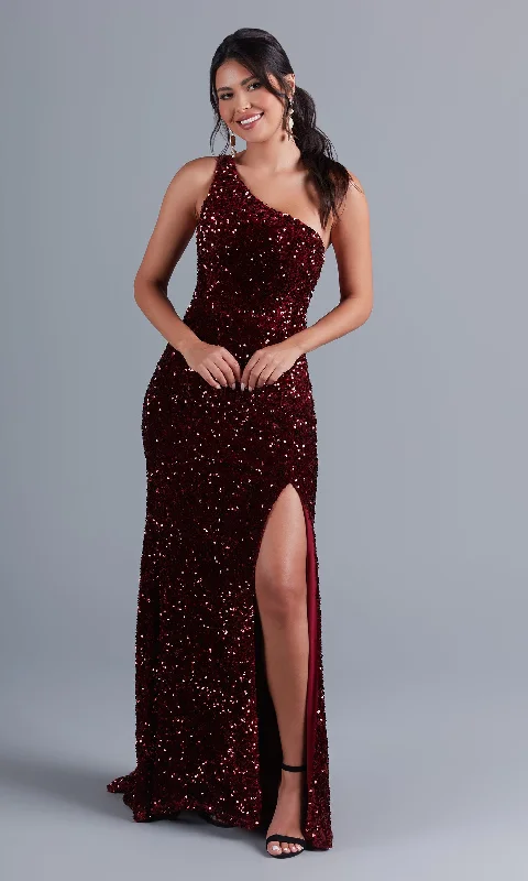 One-Shoulder Long Velvet Prom Dress with Sequins