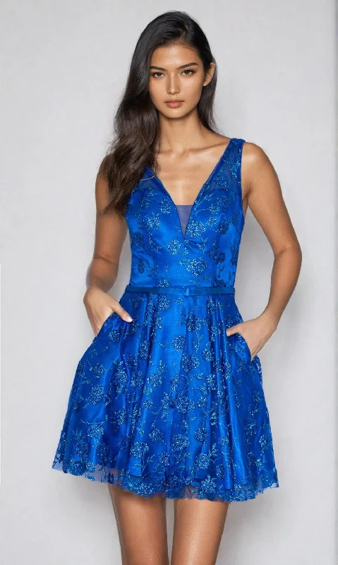 Floral-Glitter V-Neck Short Homecoming Dress 9202