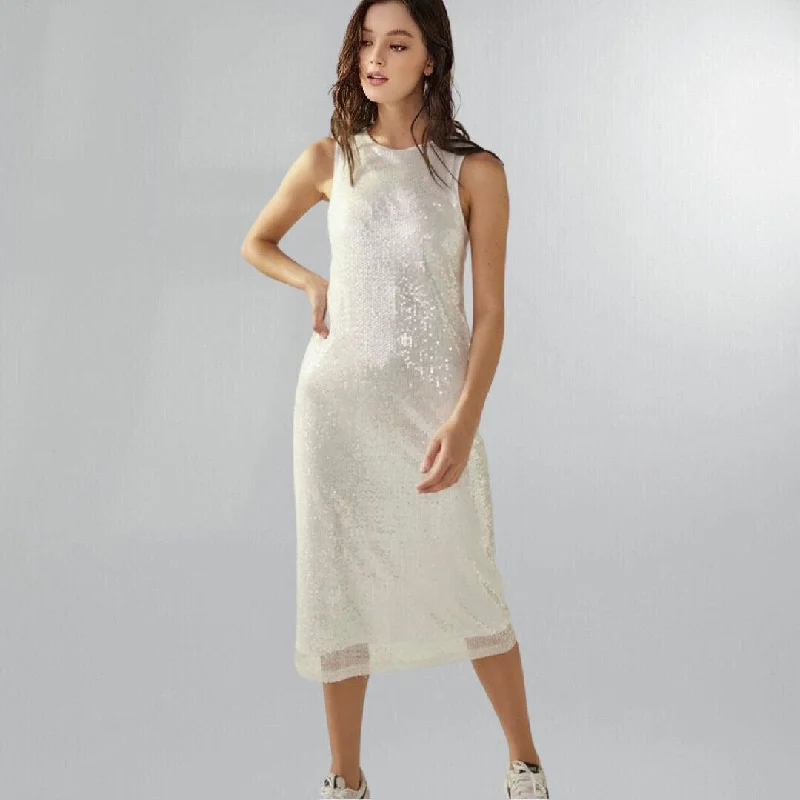 Stretchy White Sleeveless Sequin Sheath Midi Dress