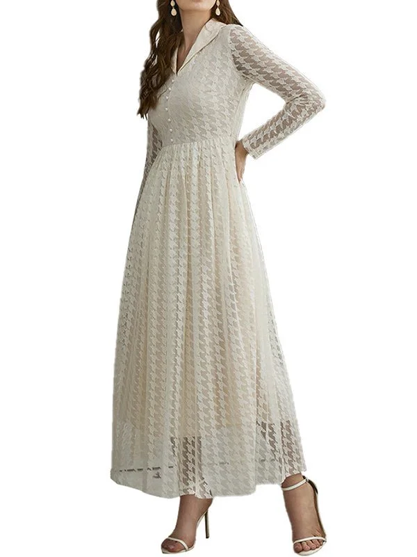 Fashion Casual Mesh Hollowed V-Neck Long-sleeved Maxi Dress