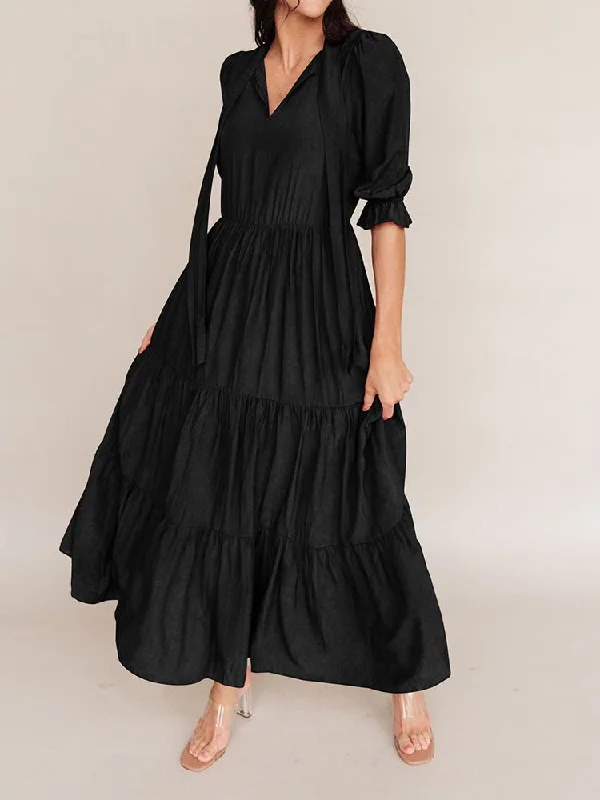 Ruffle Pleated Loose Medium Sleeve Maxi Dress