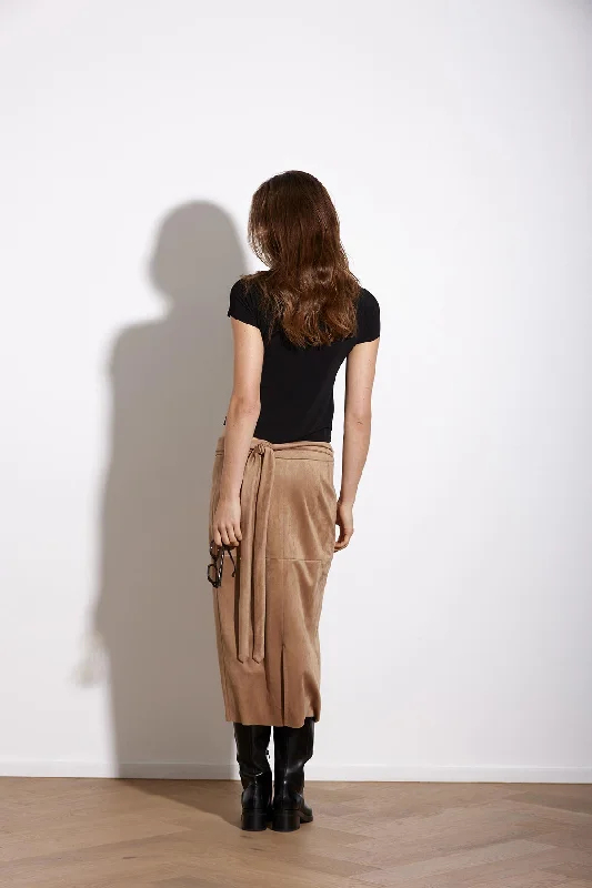 CAMEL VEGAN SUEDE WRAP SKIRT