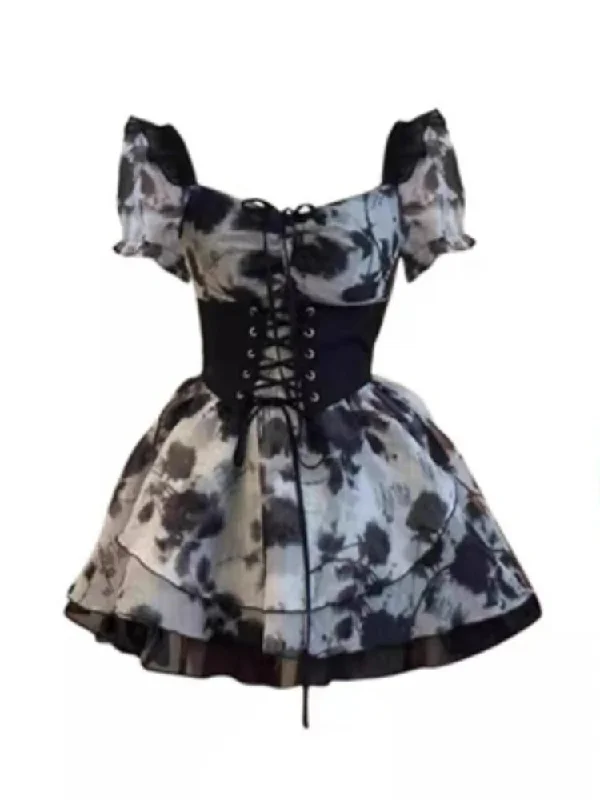 Znbbw Style Casual Corset Floral Dress Set Women Summer Y2k Vintage Dress Suit Female Princess Tie-dye Flower Retro Dress Set