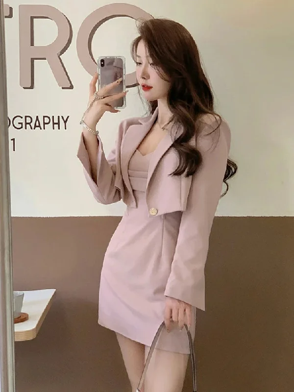 Znbbw Style Two Piece Dress Set Women Elegant Blazer Coat + Strap Dress Set Female Casual France Vintage Dress Suit 2024 New