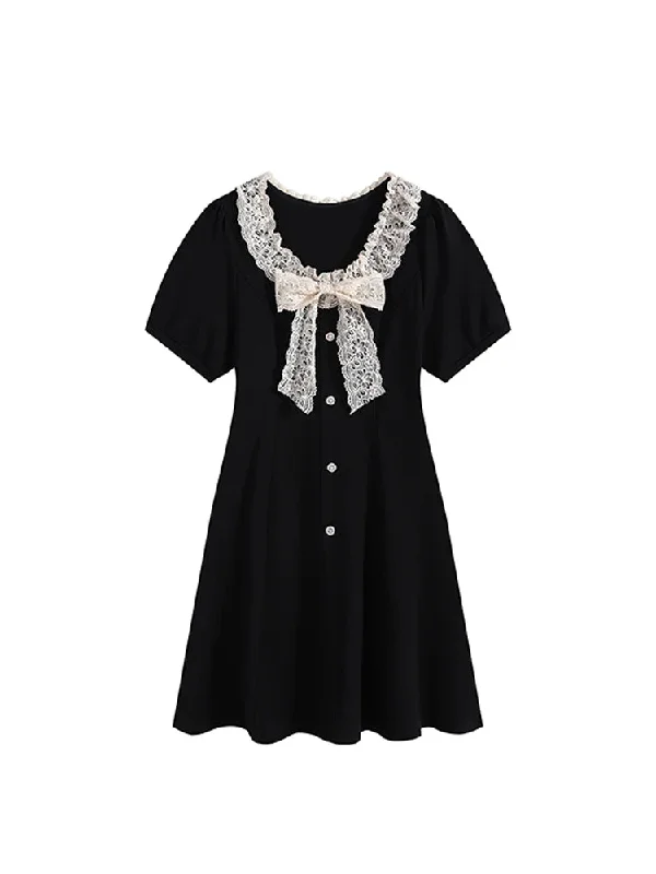 Znbbw Women Lace Patchwork Short Sleeve Black Gothic A-line Mini Dress Korean Harajuku Vintage Dress Y2k One Piece Frocks 2024 Summer